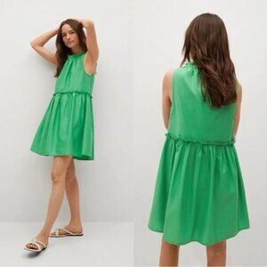 Mango Babydoll Mini Dress Gathered Ruffle Detail Cotton Green Size XS